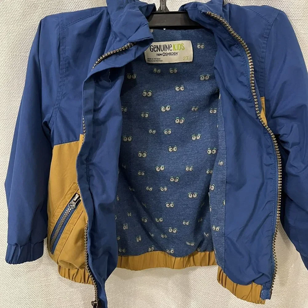 Osh Kosh Genuine Kids 2T Blue Removable‎ Hood Lined Jacket Zip Up Coat Tan Blue